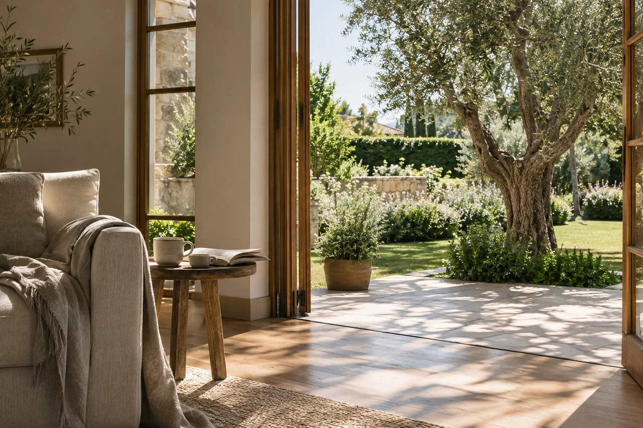 Morning light spilling into a comfortable home from a leafy garden
