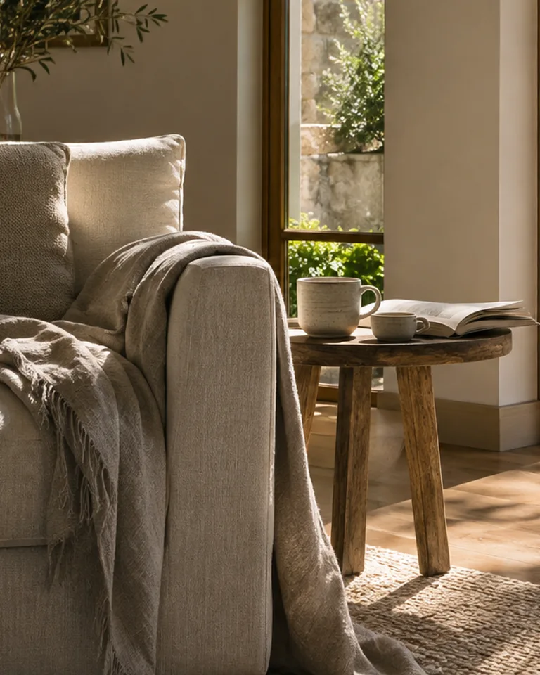 An open book and two coffee cups beside a sunlit armchair